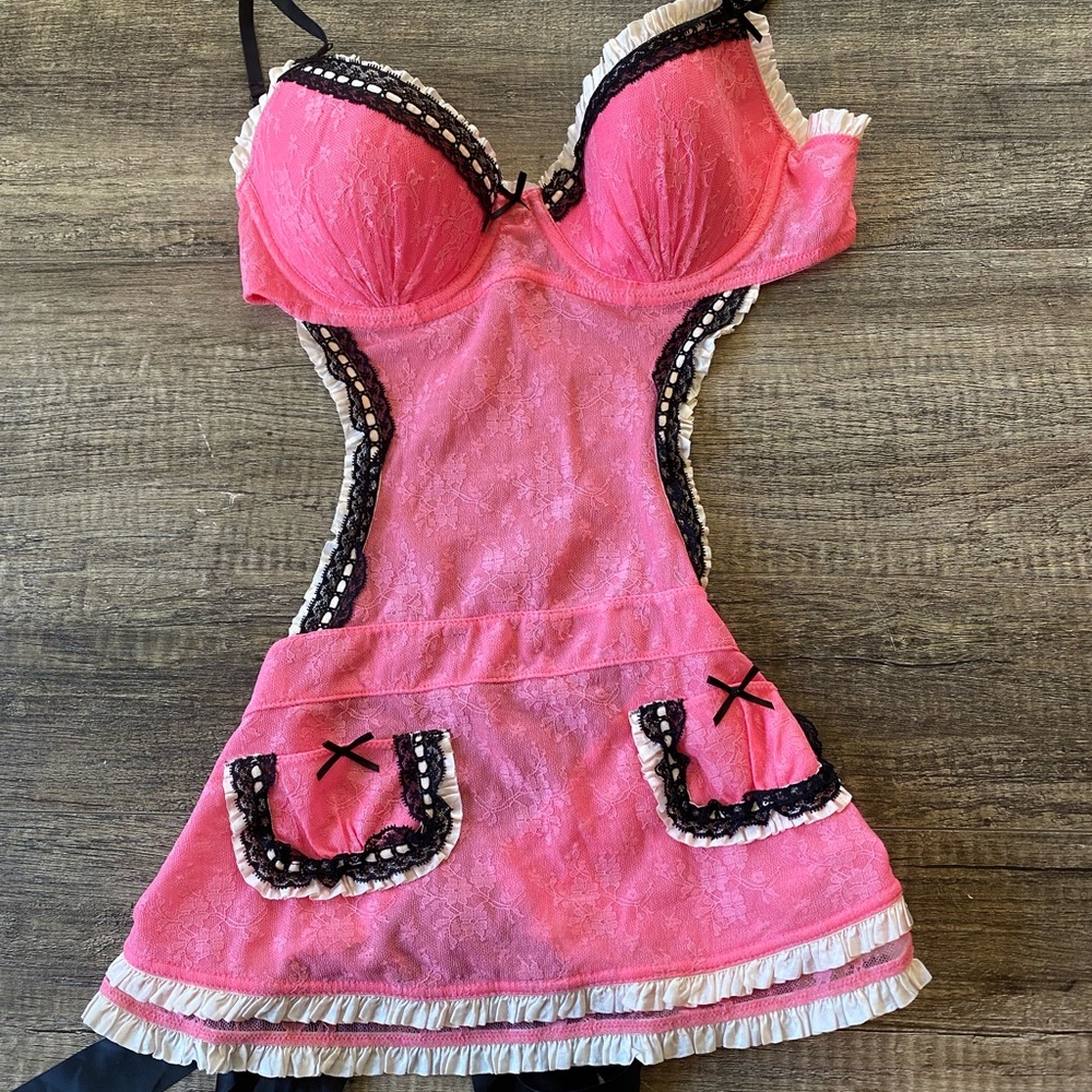 Vintage Victoria's Secret Maid Lingerie with Panties Size 36C M/L Black/Pink